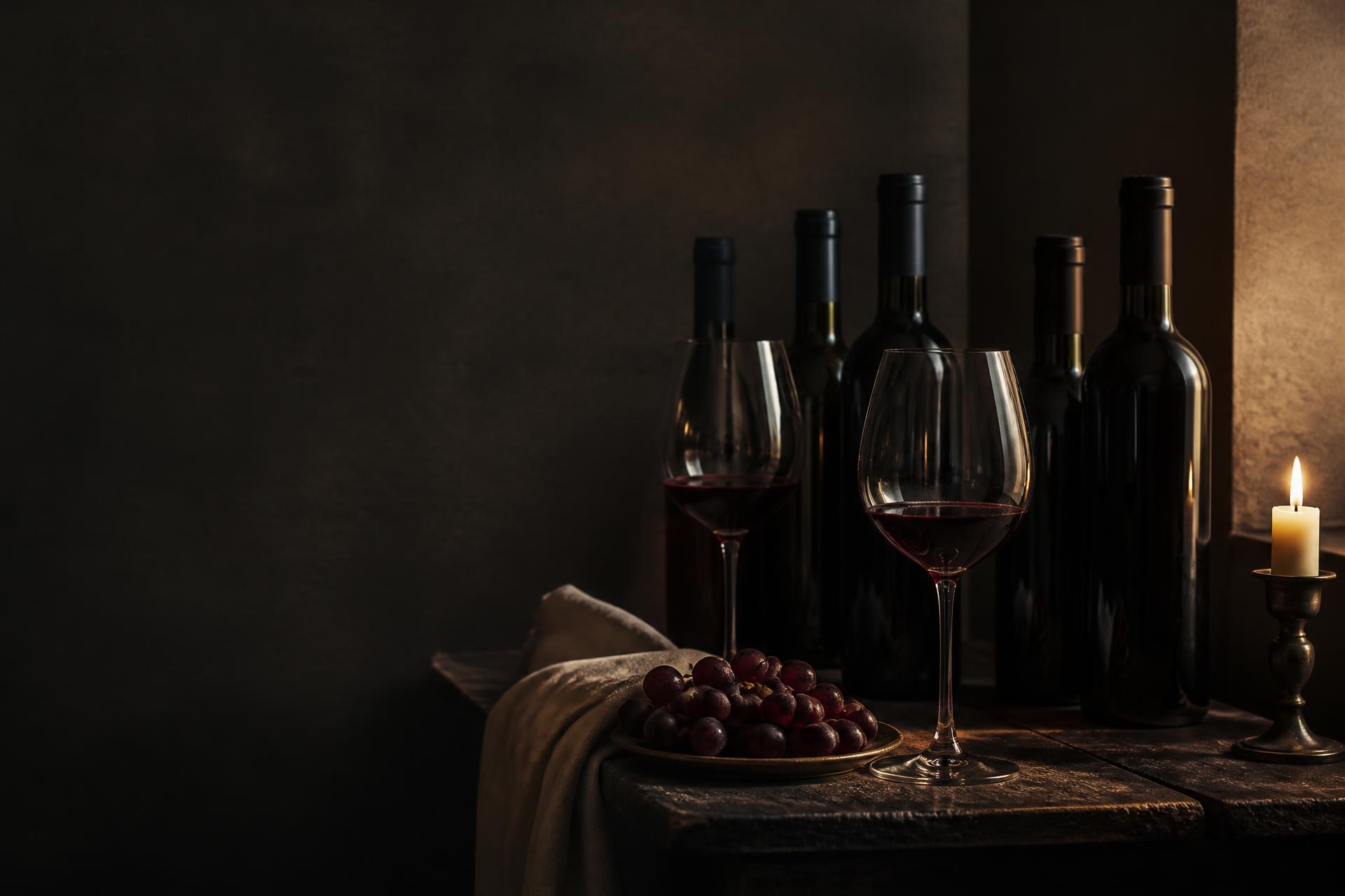 Proefpakket wijn Amsterdam: wijnflessen en glazen rode wijn bij kaarslicht van The Wine Club Amsterdam